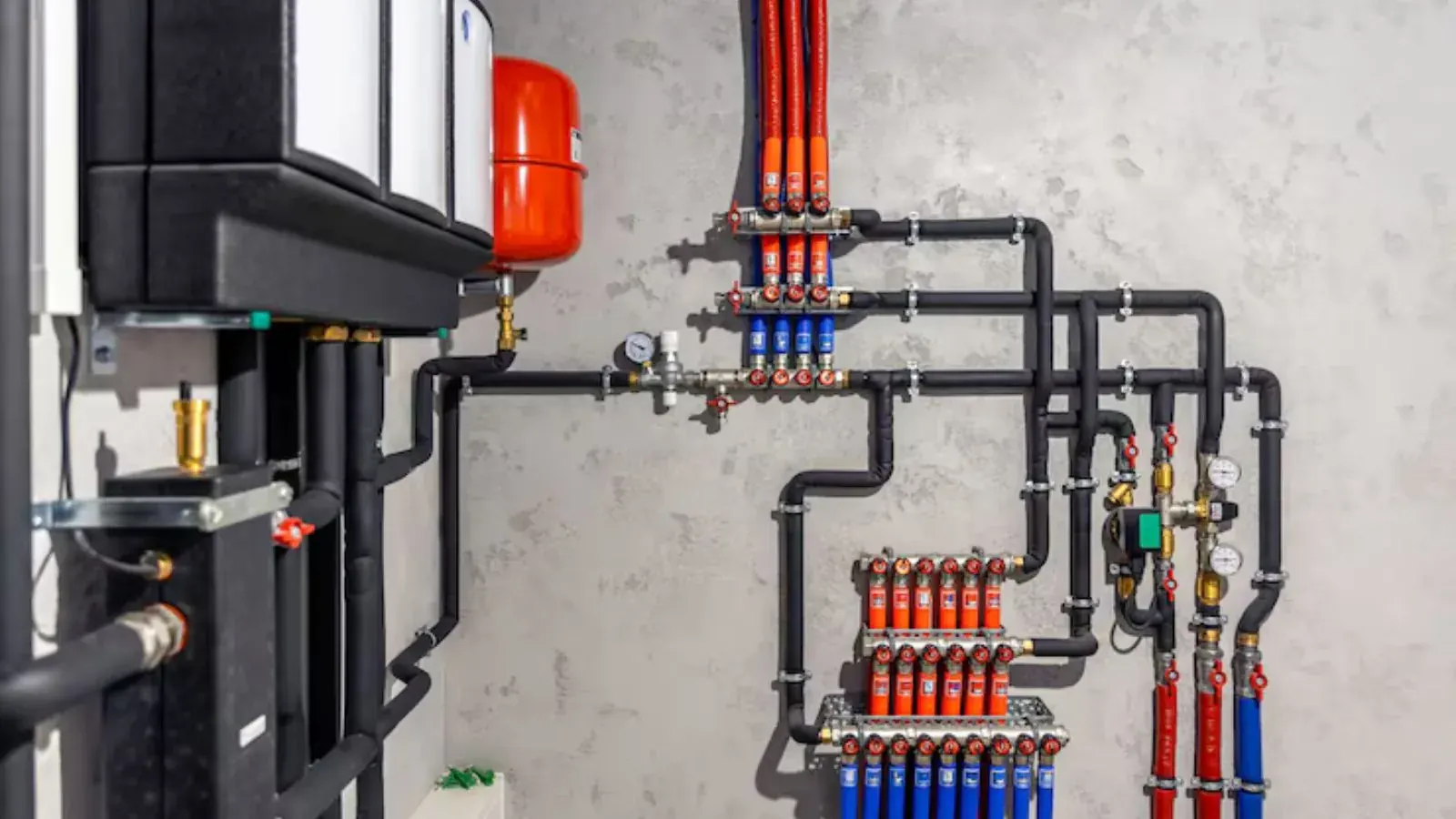 Boiler piping manifold with an expansion tank and colored supply lines
