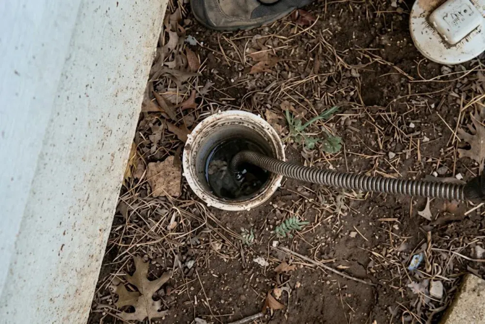 Drain cable entering an outdoor sewer cleanout in the ground