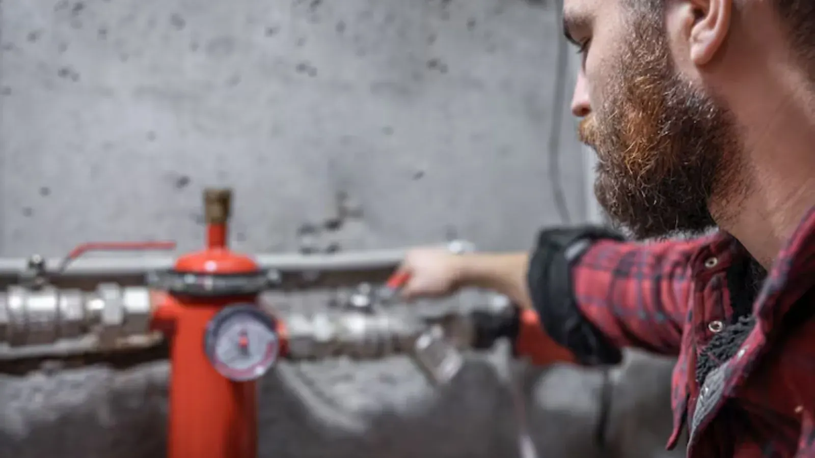 Plumber checking a pressure gauge and valve on a supply line