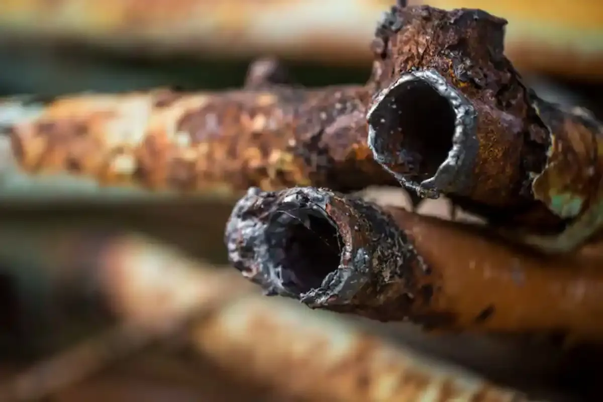 Corroded copper pipes with a split section