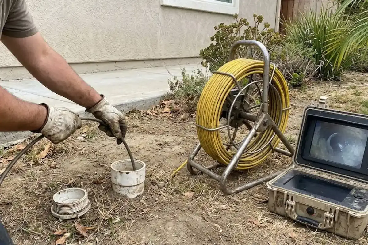 Camera reel and monitor beside a sewer cleanout in a yard