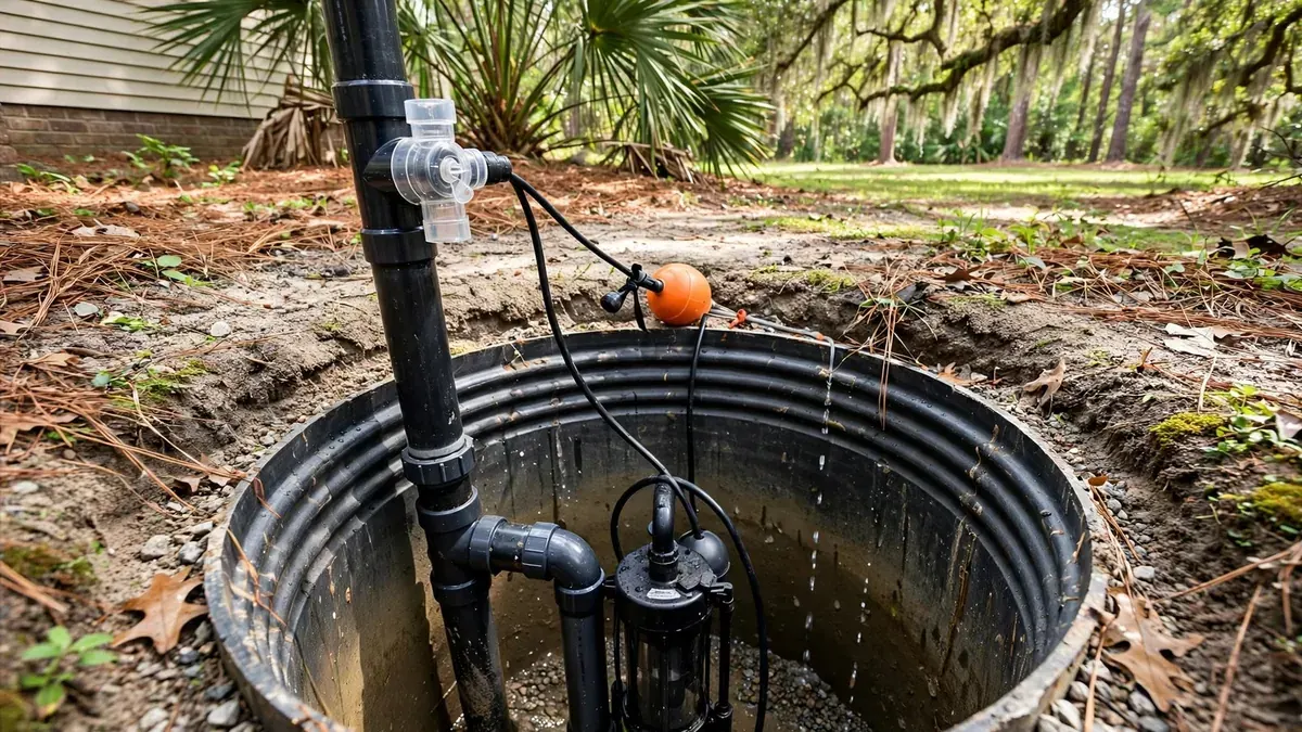 Sump pit with a submersible pump and float switch