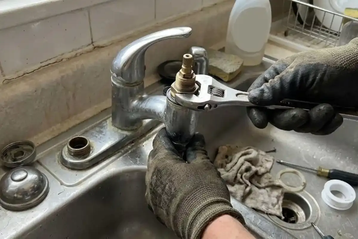 Gloved hand using a wrench on a kitchen faucet