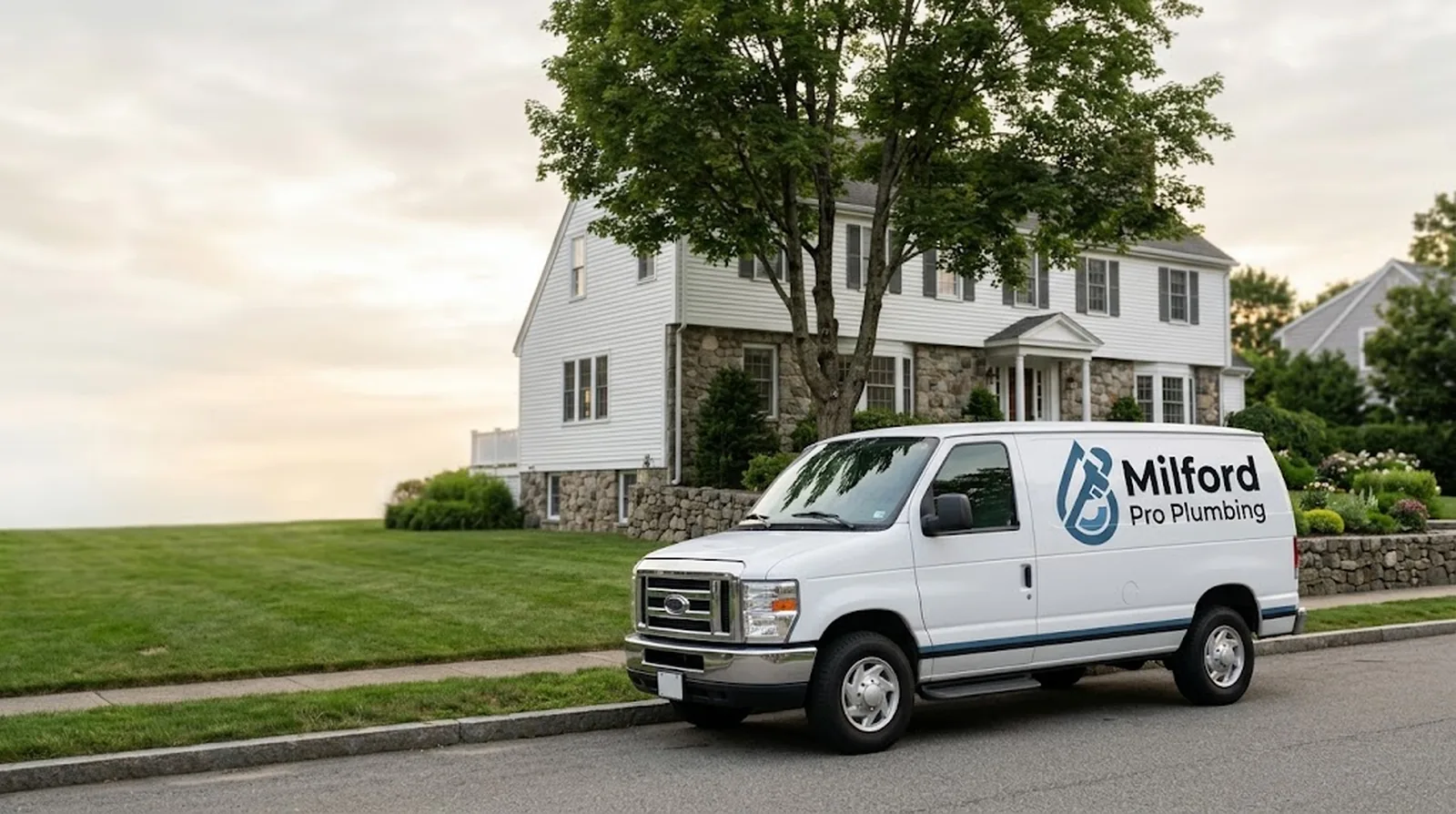Milford Pro Plumbing service van parked outside a New England home in Milford, MA