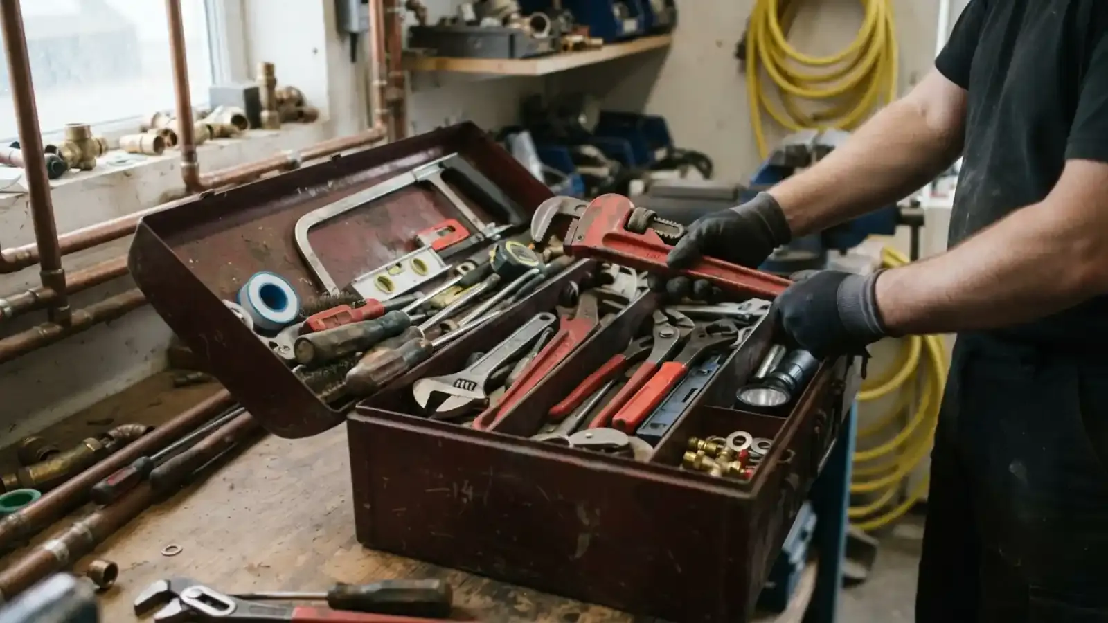 Plumber's open toolbox with wrenches and pipe fittings