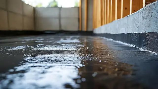 Dark waterproofing membrane along a basement wall