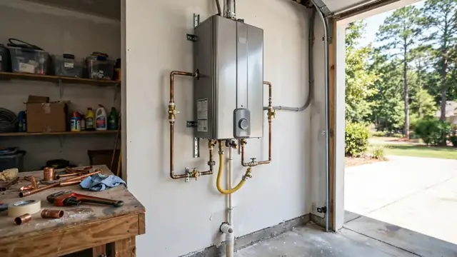 Wall-mounted tankless water heater with gas and copper lines in a garage