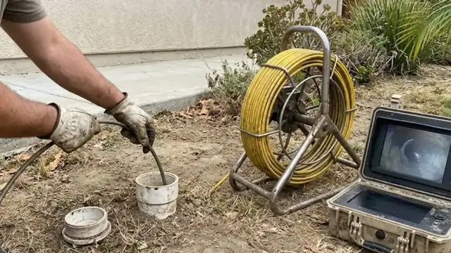 Camera reel and monitor beside a sewer cleanout in a yard
