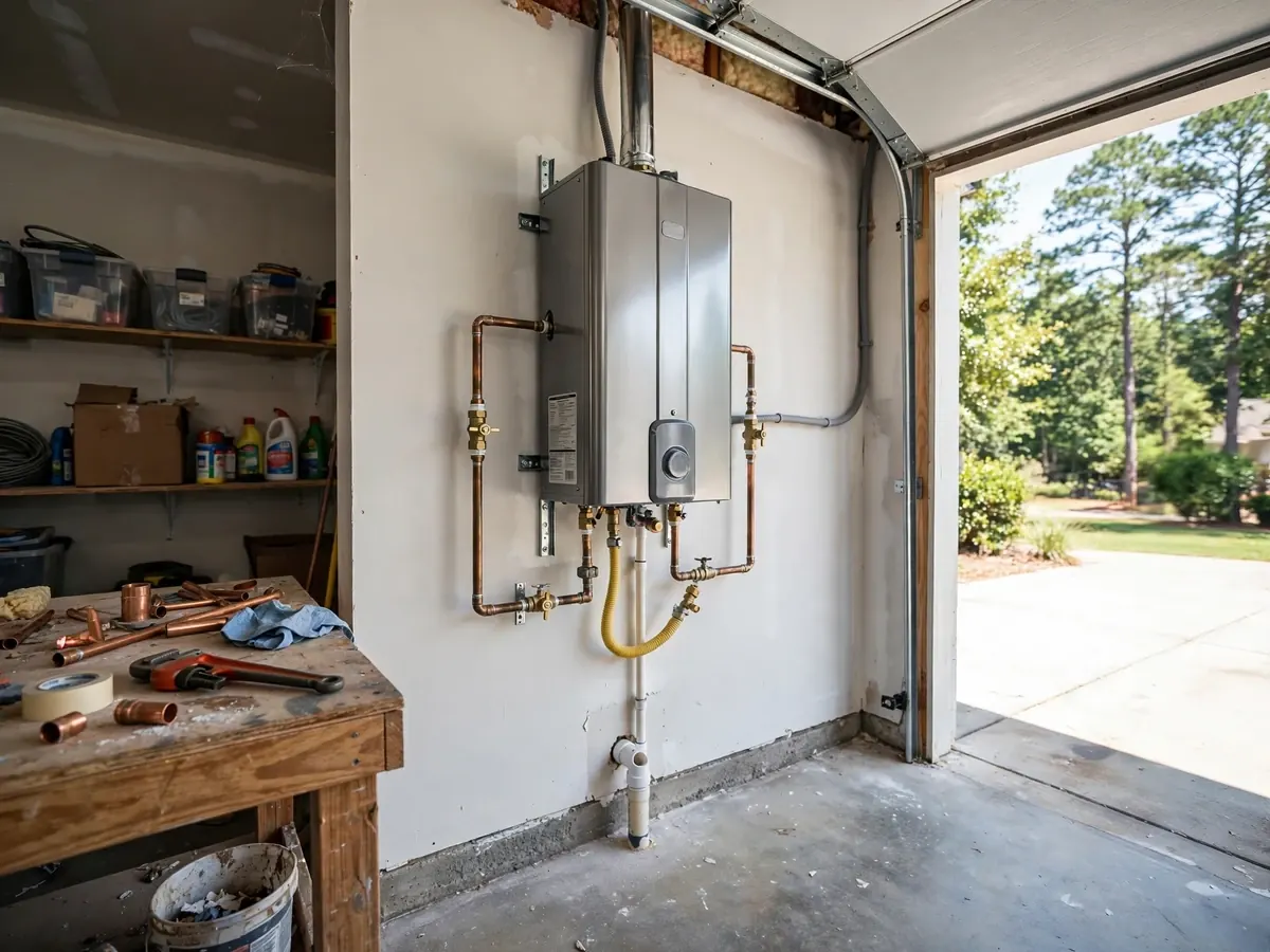 Wall-mounted tankless water heater with gas and copper lines in a garage