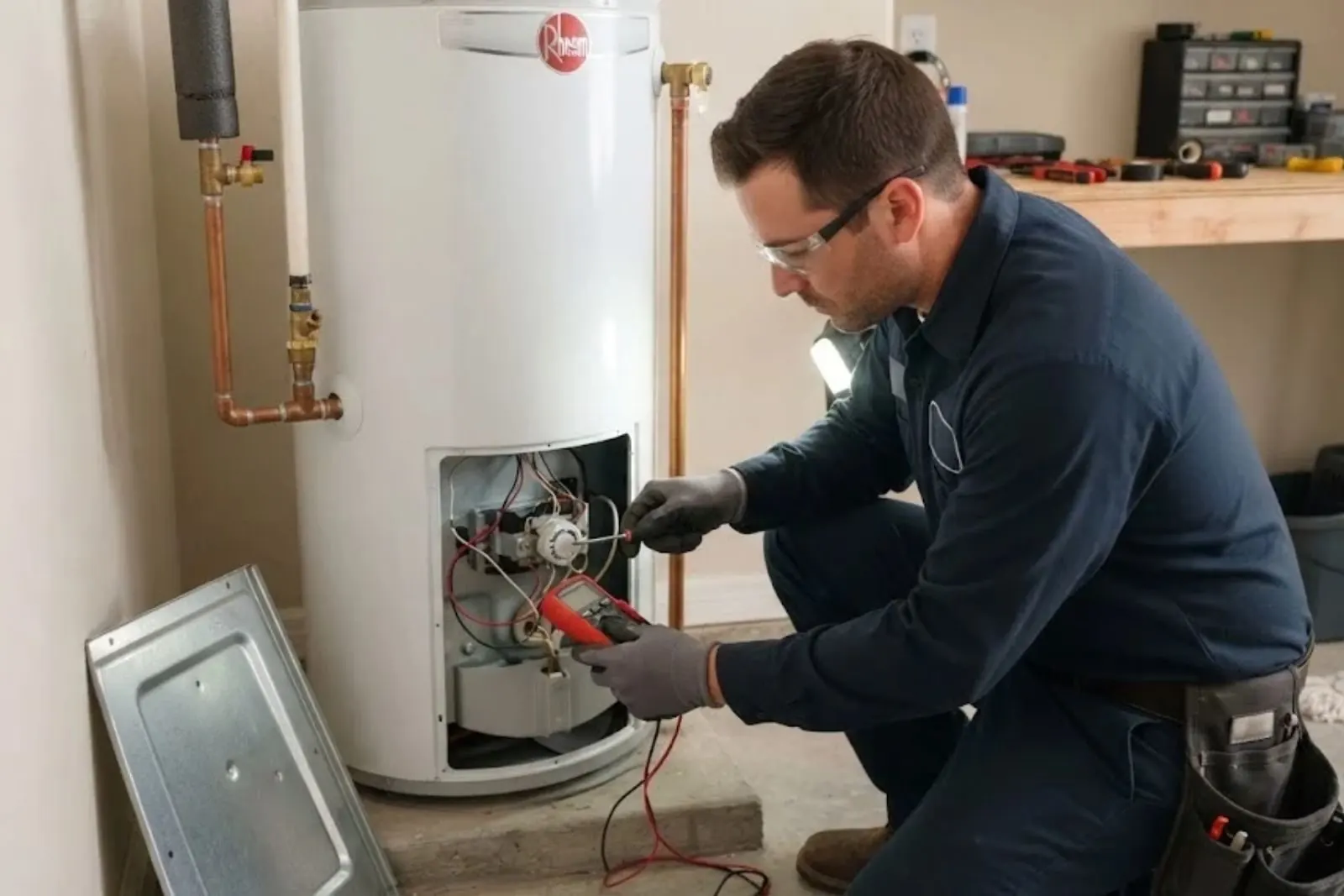 Plumber checking the burner area of a tank water heater with a meter