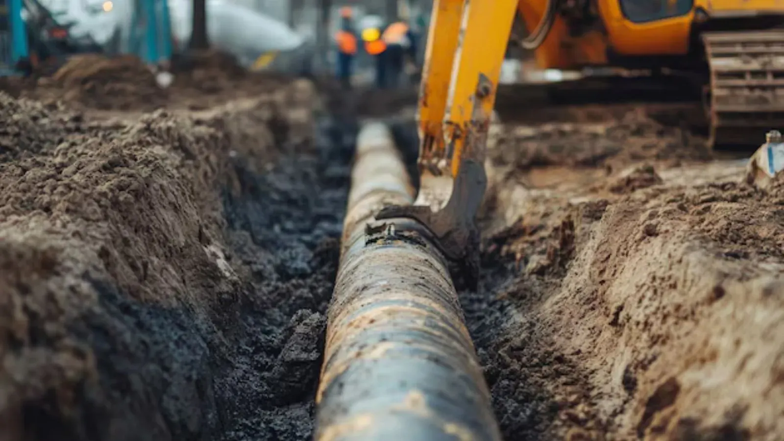 Excavator trench exposing a buried water service pipe